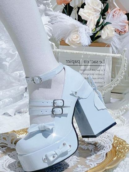 Light Blue Bowknot Stud Butterfly Design Platform High Block Heels Lolita Shoes