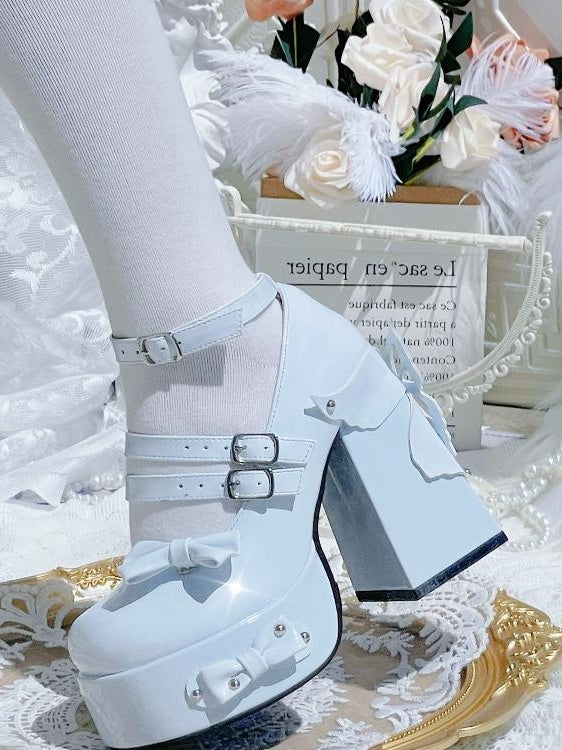 Light Blue Bowknot Stud Butterfly Design Platform High Block Heels Lolita Shoes