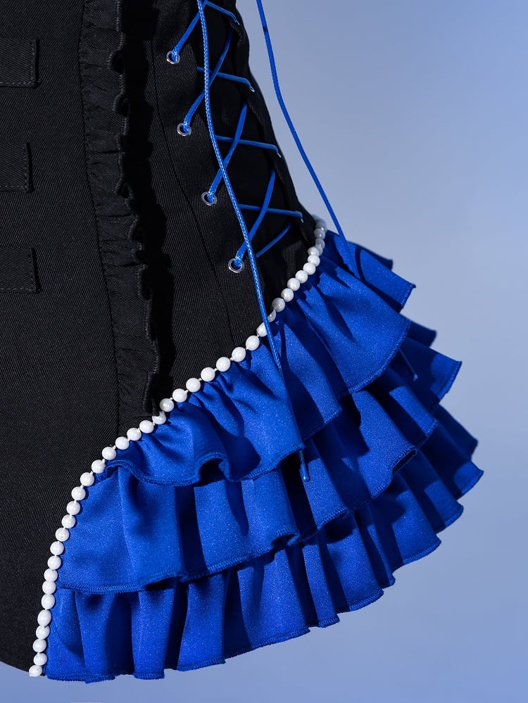 Deep Sea Blue Tiered Ruffle Cuffs Black Super High Waist Corset Shorts