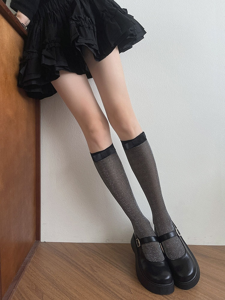 Light Grey/Black Bowknot Details Semi-sheer Underknee Stockings