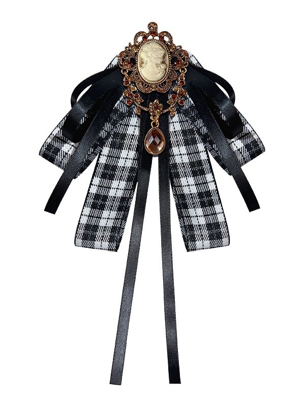 Brown/Black Preppy Style Rhinestone Decorated Plaid Pattern Bow Tie