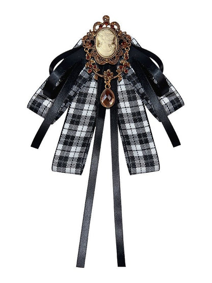 Brown/Black Preppy Style Rhinestone Decorated Plaid Pattern Bow Tie