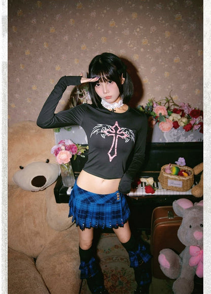 Gothic Cross and Wing Print Black  Punk Cropped Top