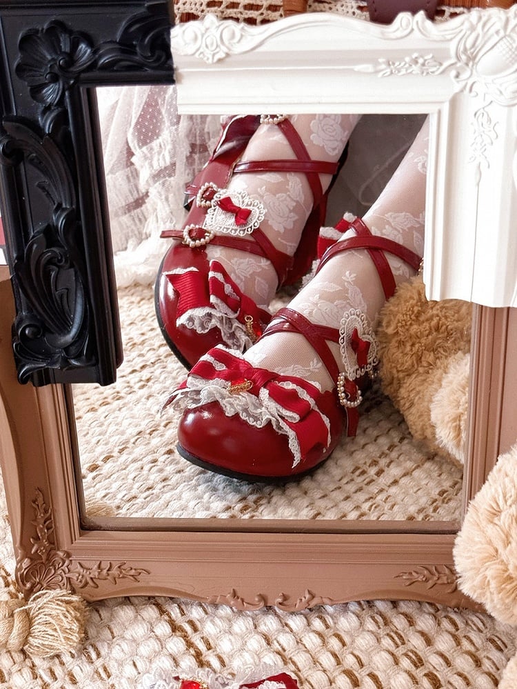 Red Sweet Lolita Bowknot Details Crisscross Design Heart Buckle Straps 2CM/5CM Block Heels Shoes