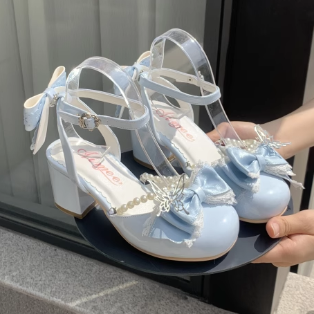 Bow Accents and Detachable Bead Chain Blue Sweet Lolita Mary Jane Shoes
