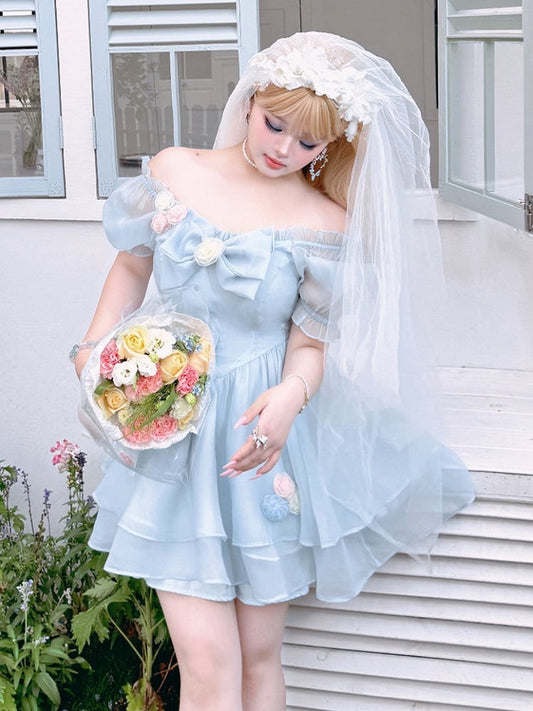 Plus Size Bowknot Details Light Blue Puff Sleeves Princess Dress Short Version