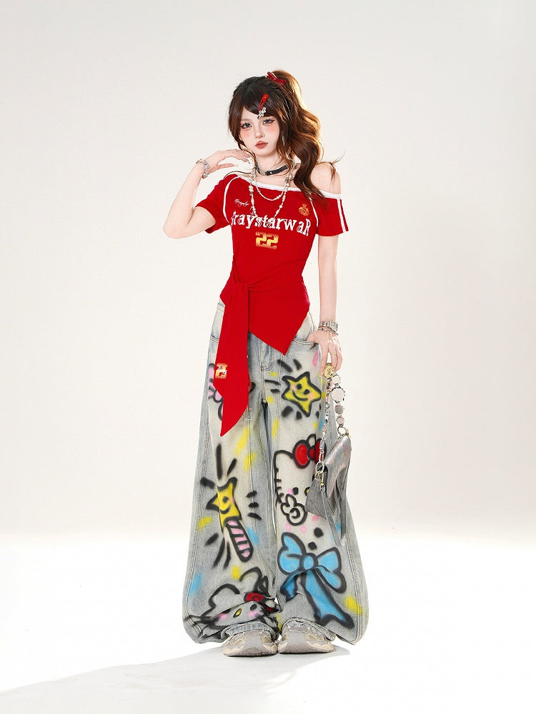 Red/Blue Asymmetrical Neckline Blokette Core T-shirt Self-tie Straps at Waist