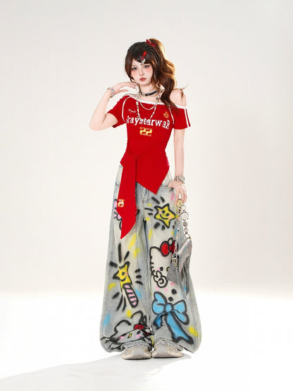 Red/Blue Asymmetrical Neckline Blokette Core T-shirt Self-tie Straps at Waist