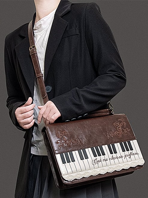 Elegant Midium-Sized Brown Piano-Themed Crossbody & Backpack Briefcase With Embroidered Floral Accents