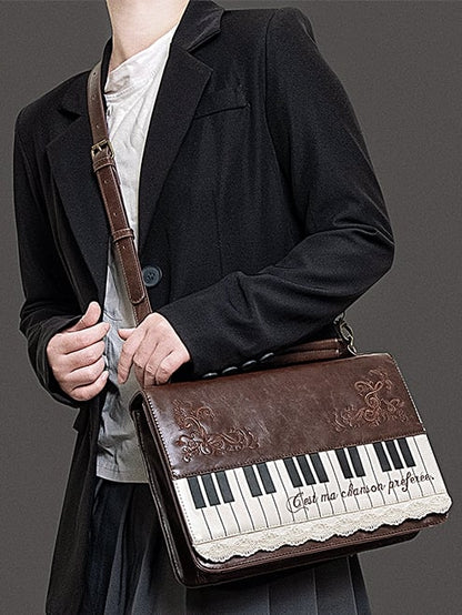 Elegant Midium-Sized Brown Piano-Themed Crossbody & Backpack Briefcase With Embroidered Floral Accents