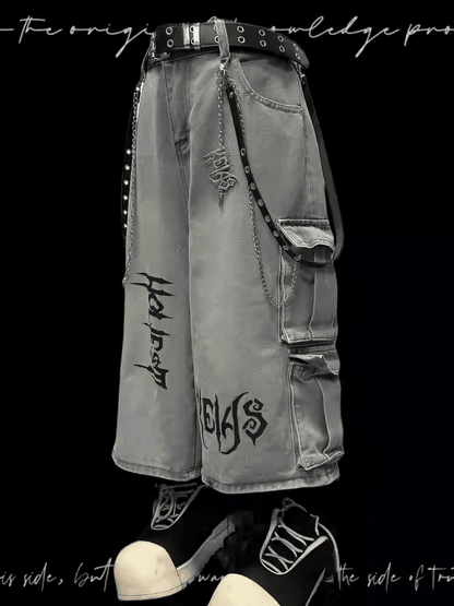 Light Blue Punk Rock Wide-leg Cargo Jeans with Free Charm