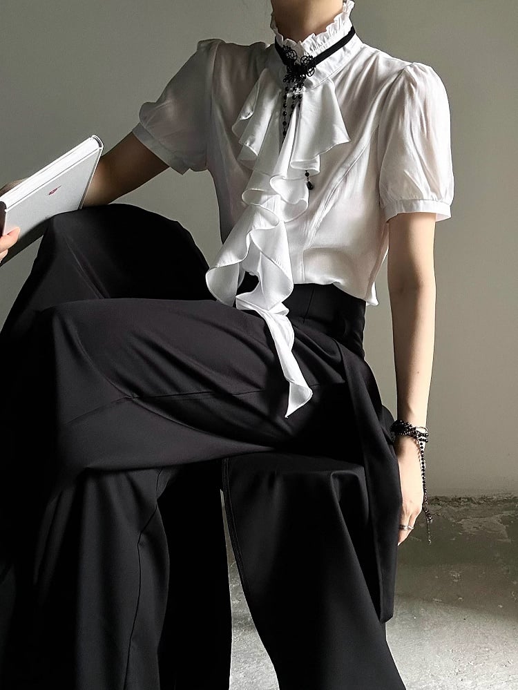 Ouji Lolita Vintage White Puff Sleeve Shirt with Detachable Lace Necklace & Cascading Ruffles