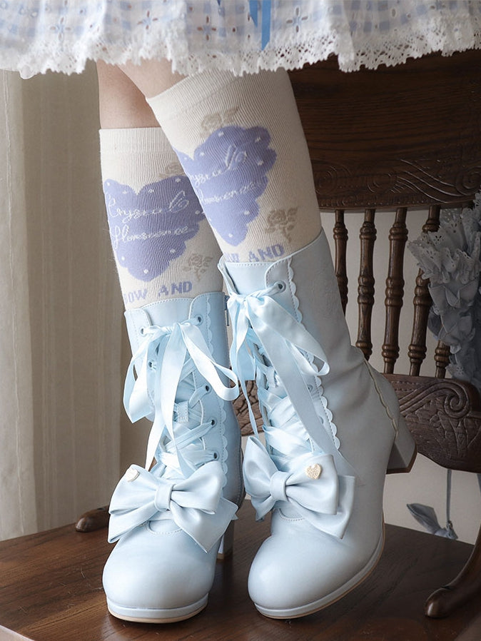 Mid-heel Sweet Blue Lolita Boots with Bow-shaped Shoe Clips & Detachable Plush Cuff