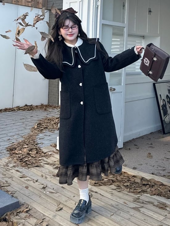 Plus Size Black Sailor Collar Heart Buttons Woolen Coat