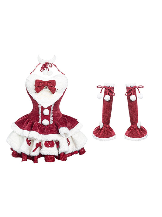 Christmas Red Velvet Tiered Halter Dress with White Plush Trim & Free Armwear