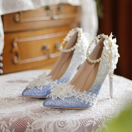 Light Blue Glittering Floral Detachable Beaded Chain 7CM/9CM Hime Lolita High Heels