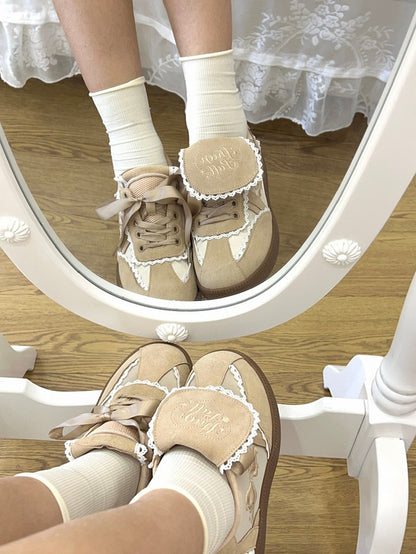 Clearance-Size 36 Khaki Fold-over Design Lace Trim Sneakers