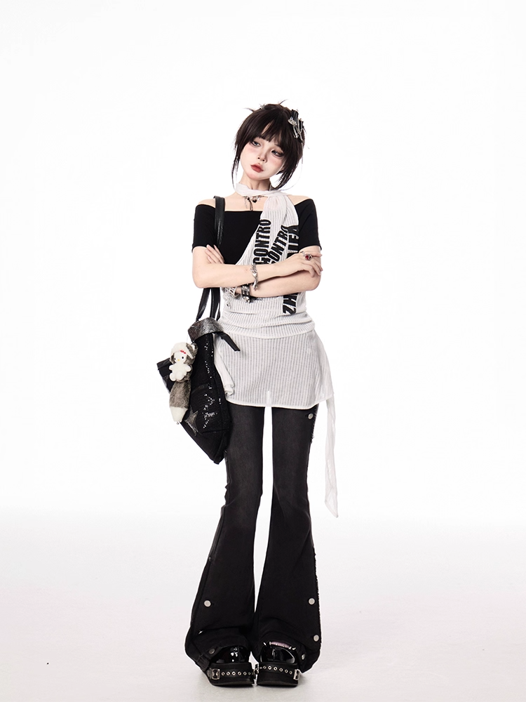 Y2K Black and White Letter Print Two-pieces Halter T-shirt