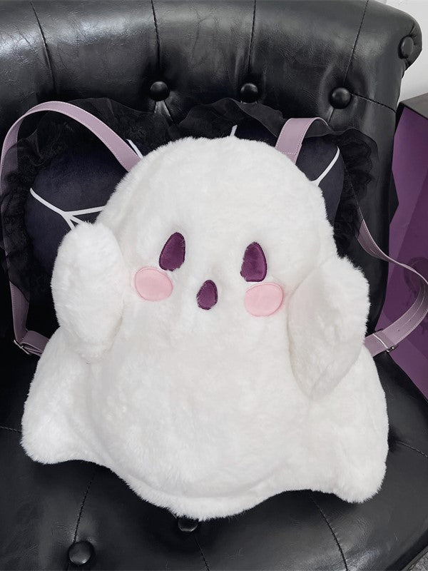 White Ghost-shaped Fleece Backpack With Taro Purple Straps