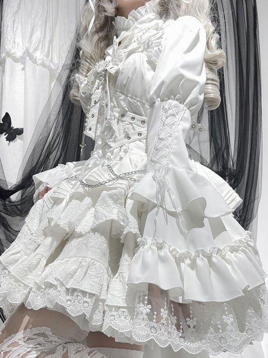 White Ruffle Neckline Gothic Bell Sleeves Shirt