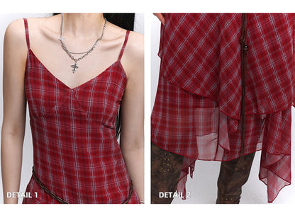 Red Plaid V-Neck Handkerchief Hem Cami Dress