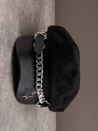 Black Gothic Star Charm Heart Buckle Design Beret Hat With Chain
