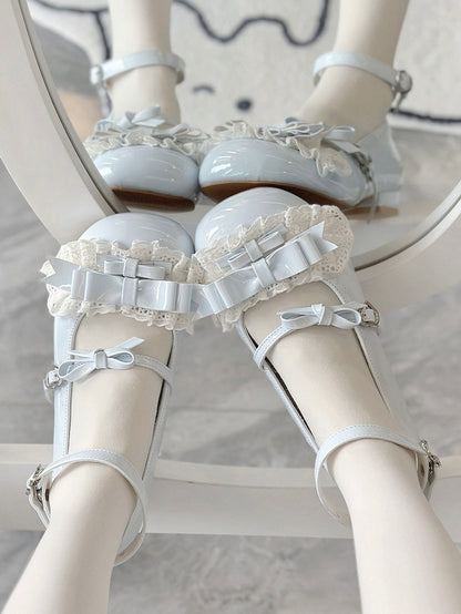 Ruffled Lace Trim, Bow Accents & Romantic Clasp PU Blue Low-heel Shoes in Sweet Lolita