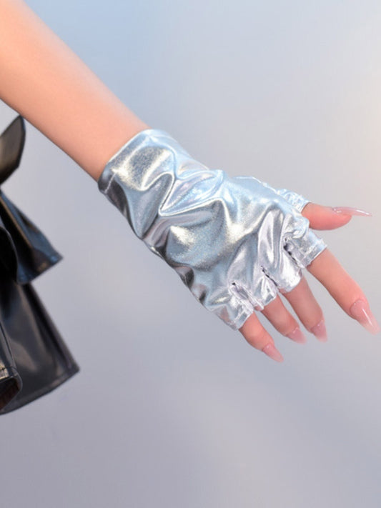 Cyberpunk Gothic Black/Silver PU Fingerless Gloves