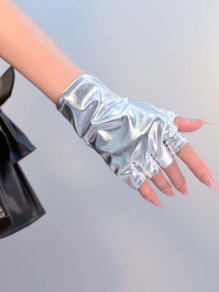 Cyberpunk Gothic Black/Silver PU Fingerless Gloves