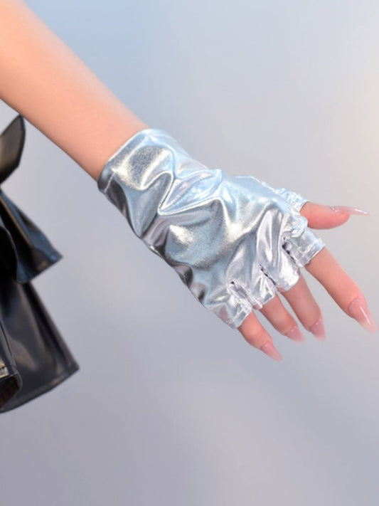 Cyberpunk Gothic Black/Silver PU Fingerless Gloves