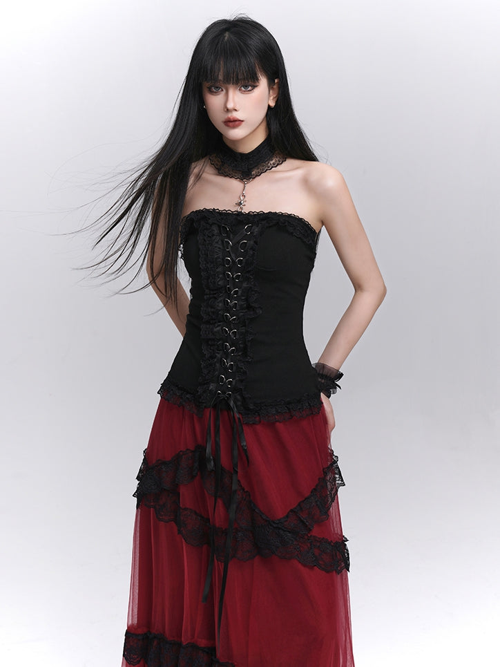 Black Lace-up Front Ruffled Lace Trim Halter Neck Glamorous Strapless Top