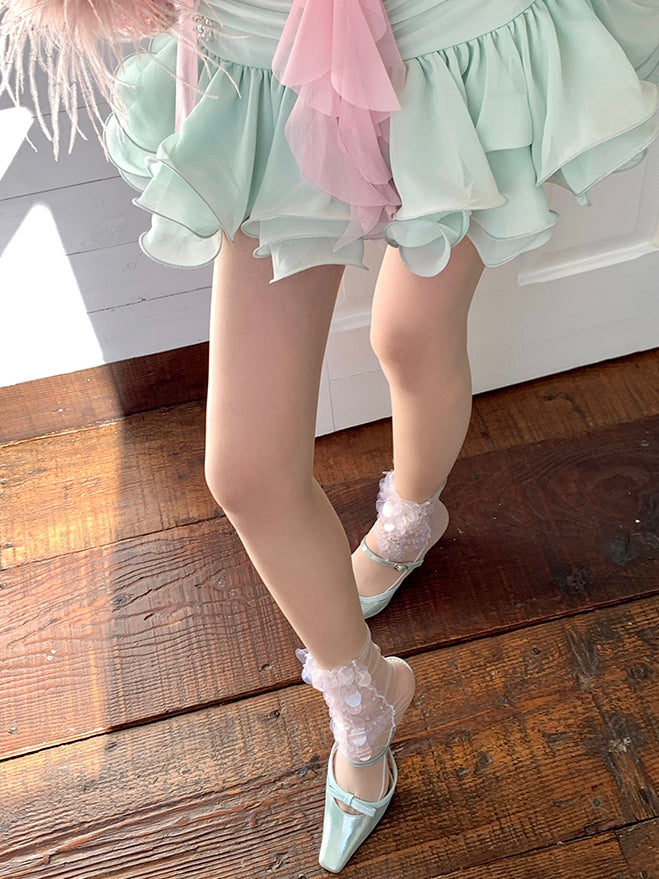 White Sequins Details Calf Socks