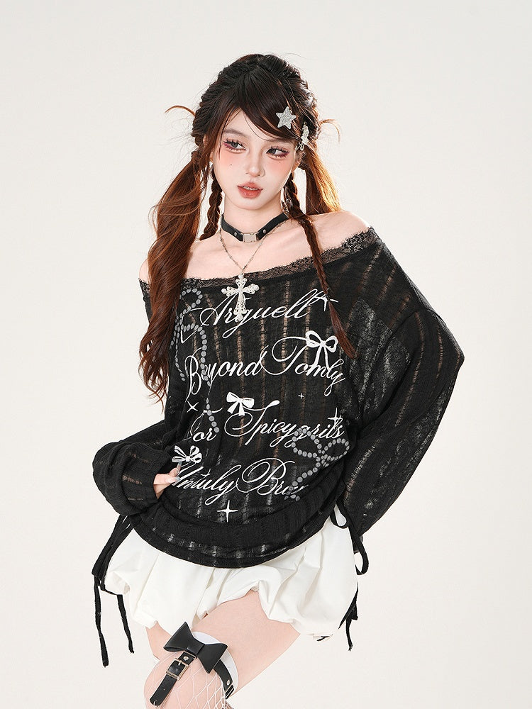 Off-the-shoulder Neckline Bowknot Print Black/White Semi-sheer Coverup