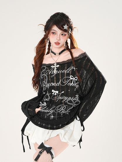 Off-the-shoulder Neckline Bowknot Print Black/White Semi-sheer Coverup