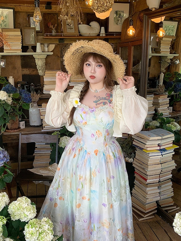 Plus Size Lace Patches Hem Oil Painting Print White Holiday Cami Dress