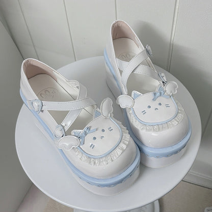 Yume Kawaii Blue & White Round Toe Kitty Angel Heart Buckle Platform Lolita Shoes