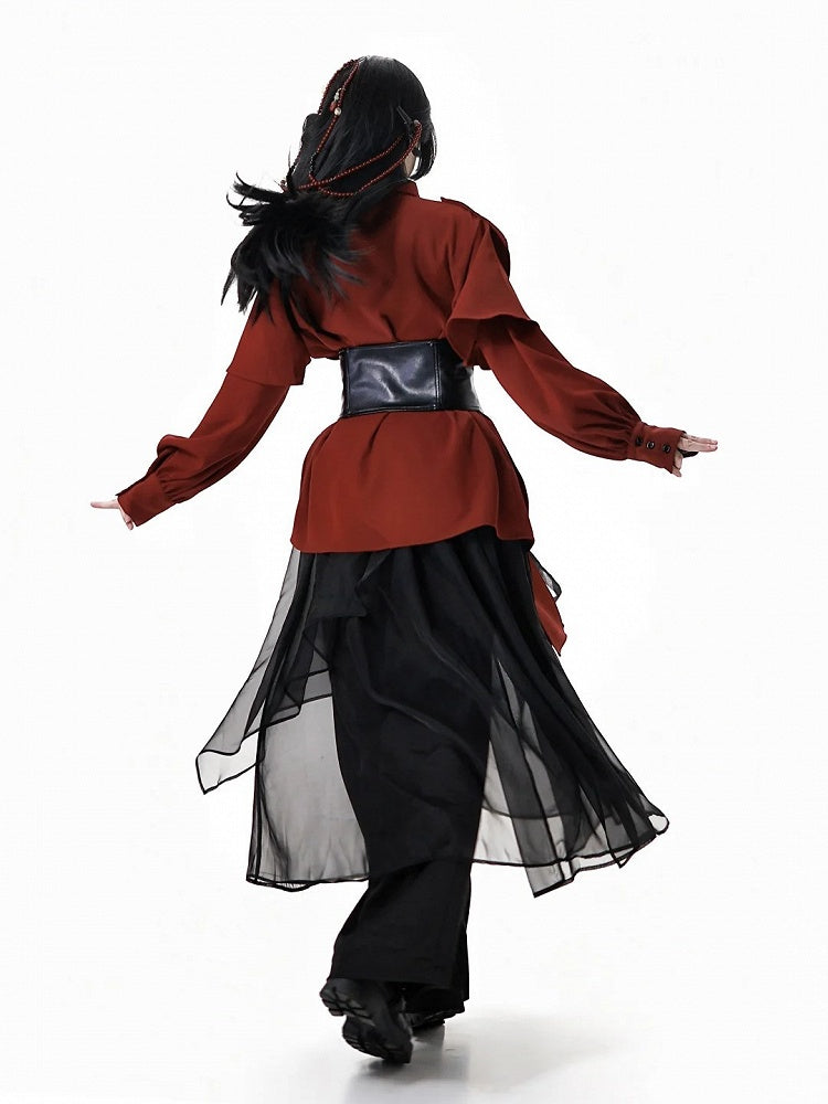 Red Cheongsam Style Draping Shirt - Detachable Cape & Embroidered Bamboo