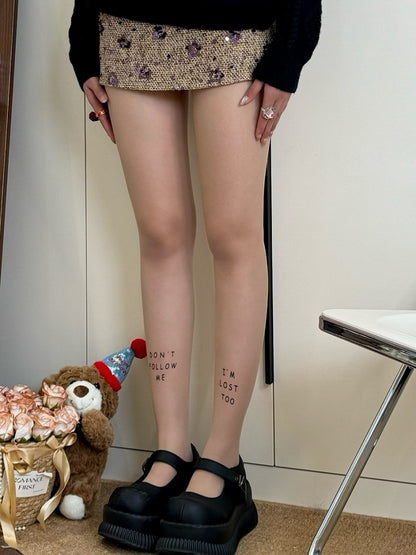 Nude/Black Y2K Letter Print Tights