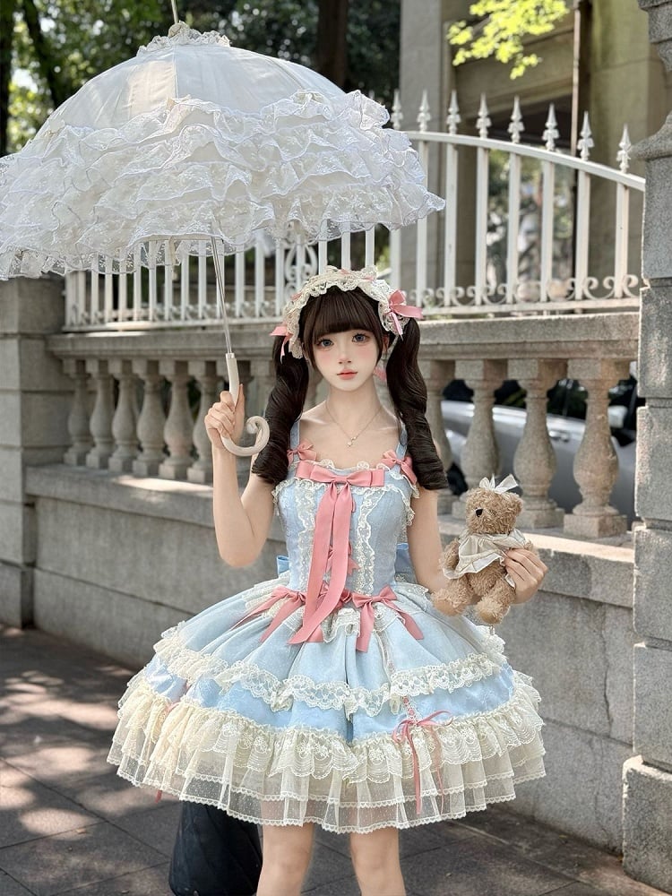 Blue Balletcore Lolita Dress Bowknots Decorated Sweet Jumper Skirt