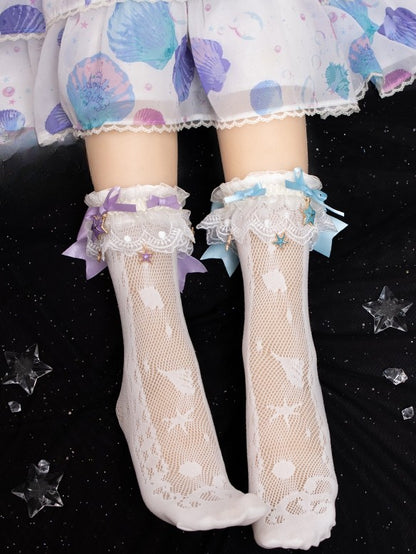 White/Blue/Purple/Purple&Blue Hollow-out Calf Socks With Starfish Charm Detachable Lace Cuffs