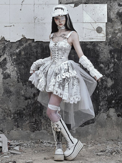 Grey Punk Corset Bodice Dress with Detachable Tulle Train