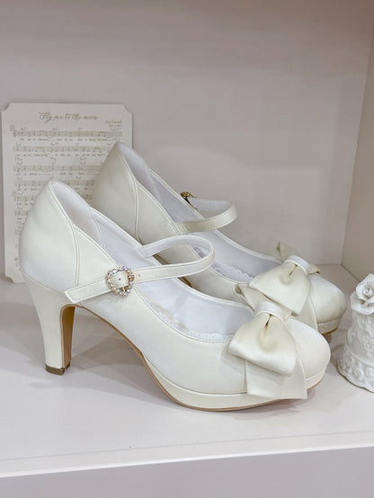 Elegant Creamy White Lolita Stilettos - Crystal Embellished Heart Buckle & Top Bow