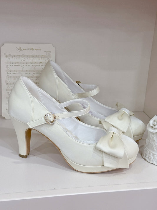 Elegant Creamy White Lolita Stilettos - Crystal Embellished Heart Buckle & Top Bow