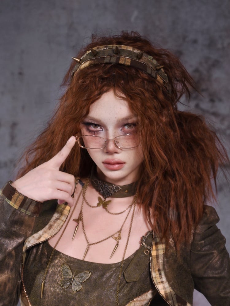 Green Plaid Pattern Stud Metal Butterfly KC