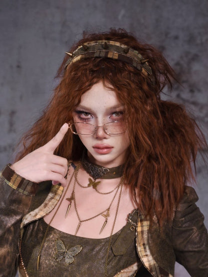 Green Plaid Pattern Stud Metal Butterfly KC