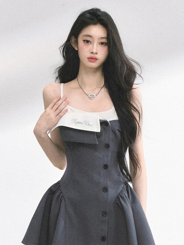 Gray Foldover Collar Spaghetti Strap Dress Faux Two-pieces