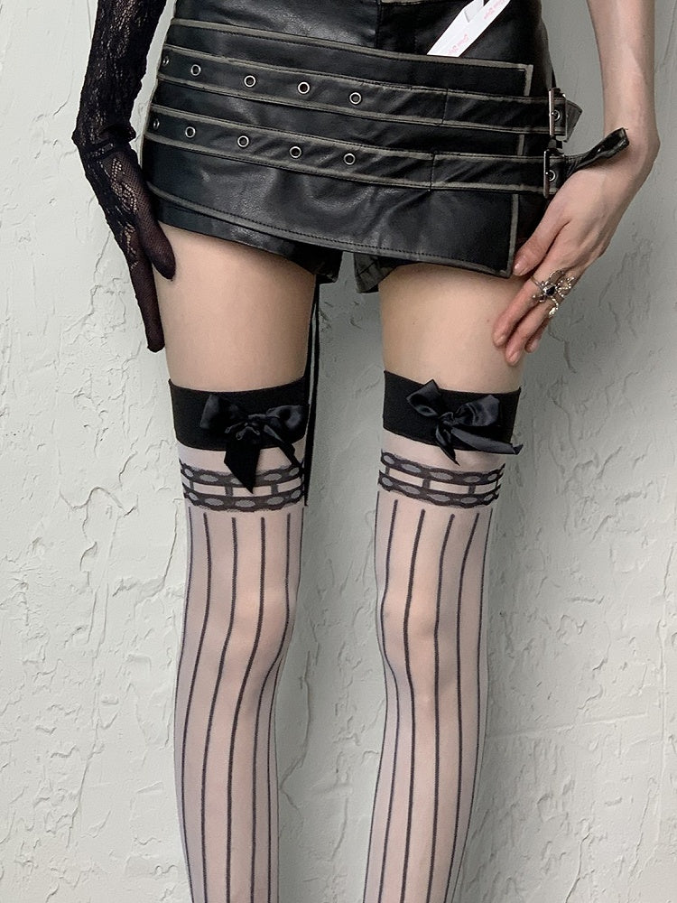 White/Black Y2K Bowknot Details Striped Pattern Semi-sheer Over Knee Stockings
