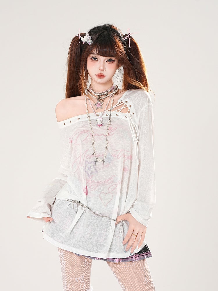 Lace-up Asymmetrical Neckline Blue/White Semi-sheer Coverup