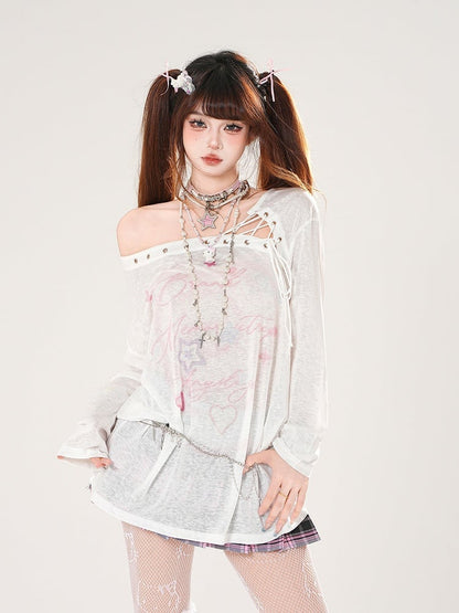 Lace-up Asymmetrical Neckline Blue/White Semi-sheer Coverup