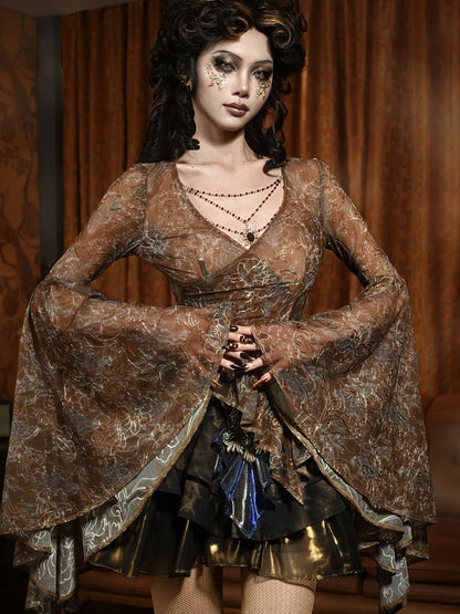 Gold V-neck Wide Flounce Sleeves Top with Removable Bead Chain on Neckline